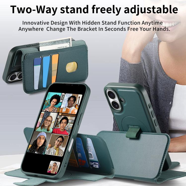 For iPhone 16 CaseNeo Finger Grip Strap MagSafe Leather Phone Case(Green)