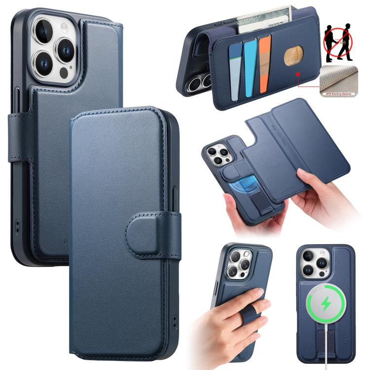 For iPhone 15 Pro CaseNeo Finger Grip Strap MagSafe Leather Phone Case(Blue)
