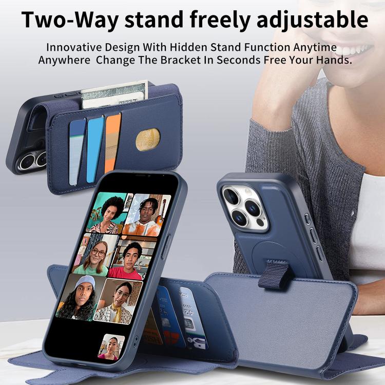 For iPhone 15 Pro CaseNeo Finger Grip Strap MagSafe Leather Phone Case(Blue)