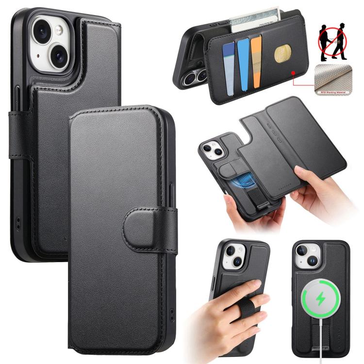 For iPhone 15 Plus / 14 Plus CaseNeo Finger Grip Strap MagSafe Leather Phone Case(Black)