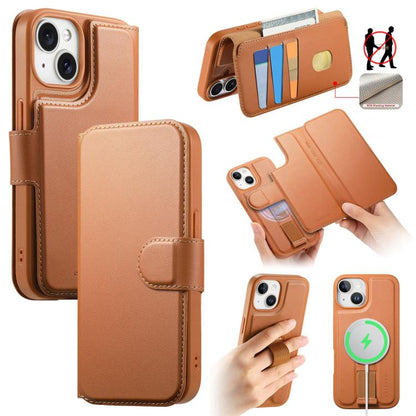 For iPhone 15 CaseNeo Finger Grip Strap MagSafe Leather Phone Case(Brown)