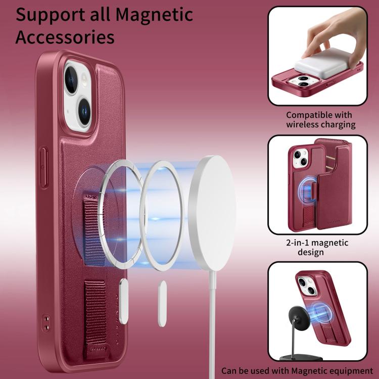 For iPhone 15 CaseNeo Finger Grip Strap MagSafe Leather Phone Case(Red)