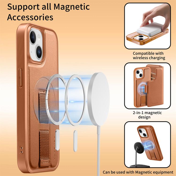 For iPhone 14 / 13 CaseNeo Finger Grip Strap MagSafe Leather Phone Case(Brown)
