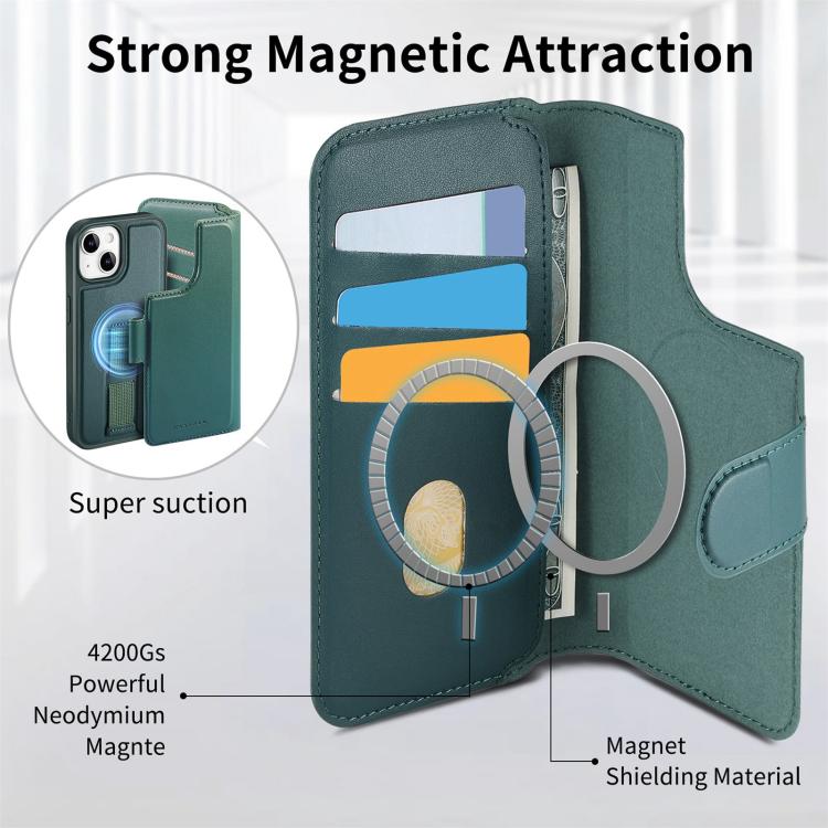 Pour iPhone 14 / 13 ÉtuiHousse de téléphone en cuir MagSafe avec dragonne Neo Finger Grip (Vert)