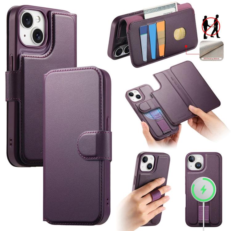 Pour iPhone 14 / 13 Coque Étui de protection en cuir MagSafe avec dragonne Neo Finger Grip (Violet)