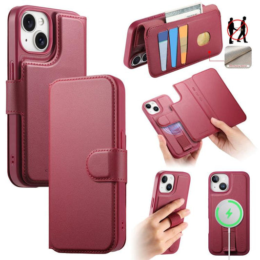 Pour coque iPhone 14 / 13Coque de téléphone en cuir MagSafe avec dragonne Neo Finger Grip (rouge)