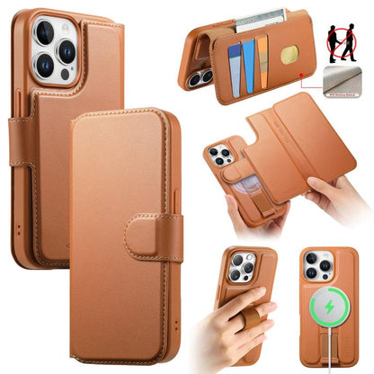 For iPhone 14 Pro Max CaseNeo Finger Grip Strap MagSafe Leather Phone Case(Brown)