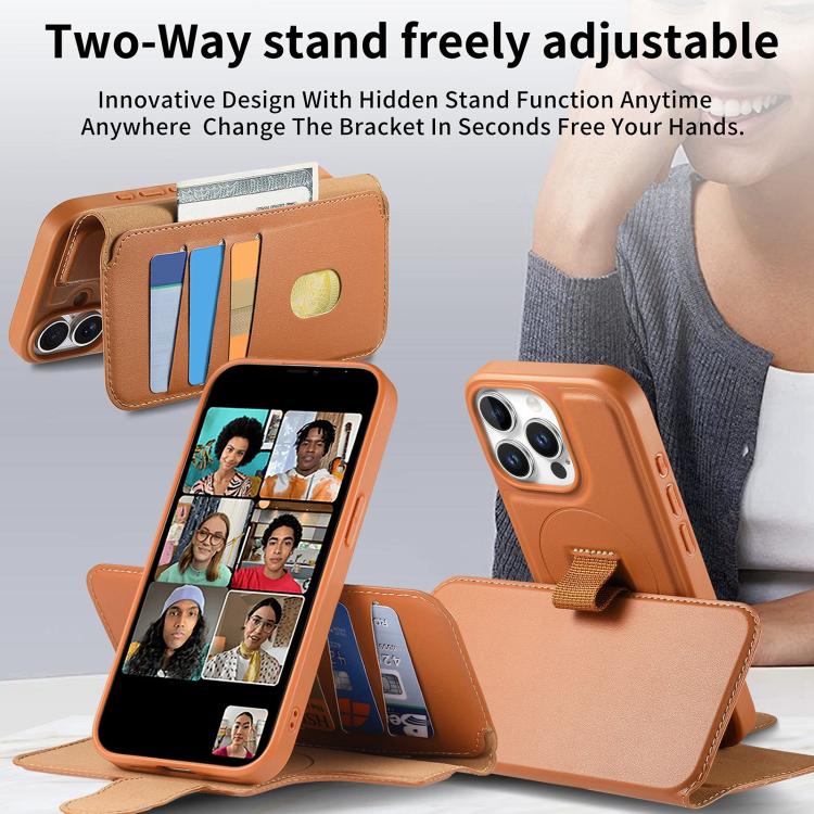 For iPhone 14 Pro Max CaseNeo Finger Grip Strap MagSafe Leather Phone Case(Brown)