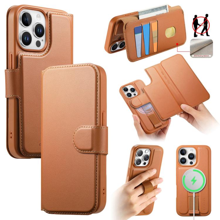 For iPhone 13 Pro Max CaseNeo Finger Grip Strap MagSafe Leather Phone Case(Brown)