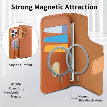For iPhone 13 Pro Max CaseNeo Finger Grip Strap MagSafe Leather Phone Case(Brown)