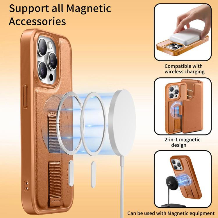 For iPhone 13 Pro Max CaseNeo Finger Grip Strap MagSafe Leather Phone Case(Brown)