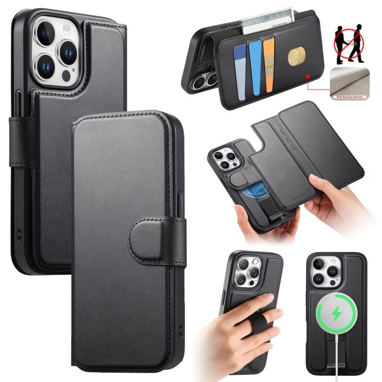 For iPhone 13 Pro CaseNeo Finger Grip Strap MagSafe Leather Phone Case(Black)