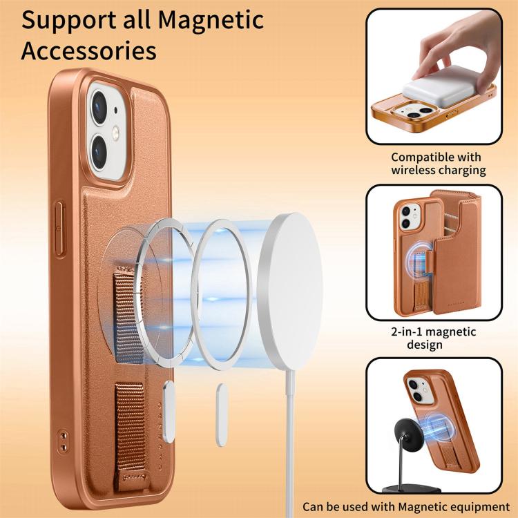 For iPhone 12 / 12 Pro CaseNeo Finger Grip Strap MagSafe Leather Phone Case(Brown)