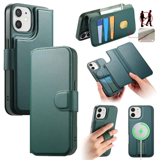 Pour étui iPhone 12 / 12 Pro Étui en cuir MagSafe avec sangle Neo Finger Grip (vert)