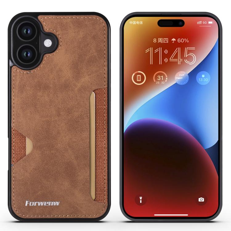 For iPhone 16 Forwenw F5 Series Integrated Card Bag Phone Case(Brown)