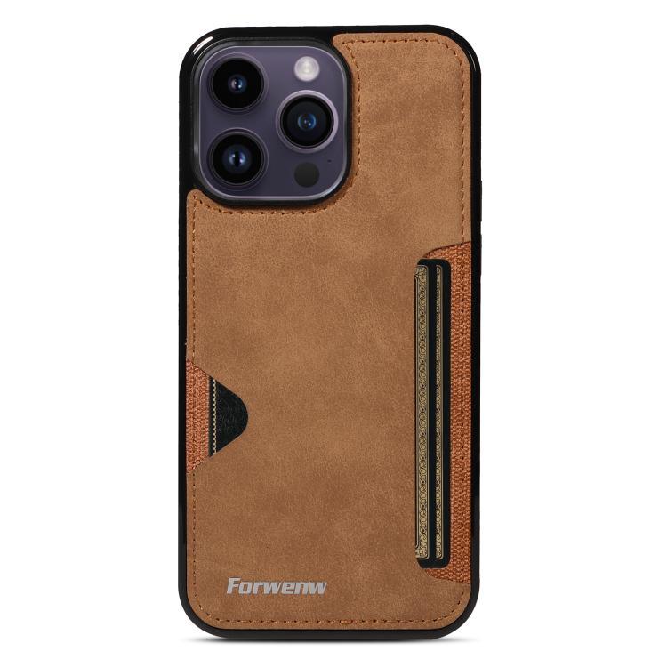 For iPhone 14 Pro Max Forwenw F5 Series Integrated Card Bag Phone Case(Brown)
