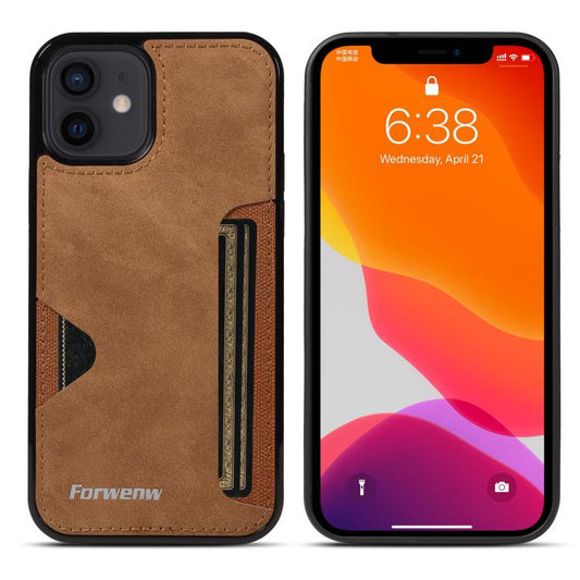 Pour iPhone 12 Étui de téléphone avec pochette à cartes intégrée Forwenw série F5 (marron)