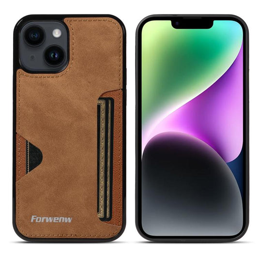 Pour iPhone 14 Étui de Téléphone avec Sac à Cartes Intégré Série Forwenw F5 (Marron)