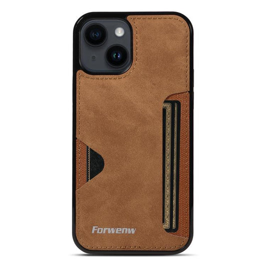 Pour iPhone 14 Étui de Téléphone avec Sac à Cartes Intégré Série Forwenw F5 (Marron)