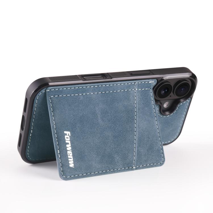 Pour iPhone 16 Étui portefeuille en cuir magnétique 2-en-1 Forwenw F8 avec porte-cartes (Bleu)