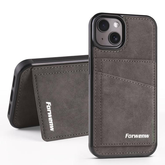 For iPhone 15 Plus Forwenw F8 Series 2 in 1 Magnetic Card Slot Leather Phone Case(Grey)