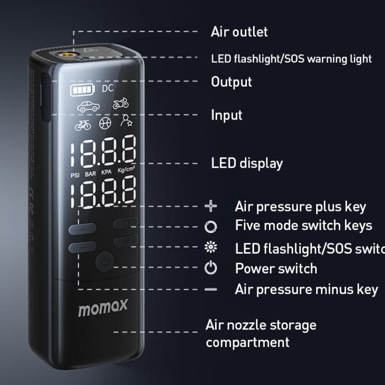 MOMAX CR16D 1-Move Support Car Digital Display Portable Smart Electric Wireless Air Pump(Black)