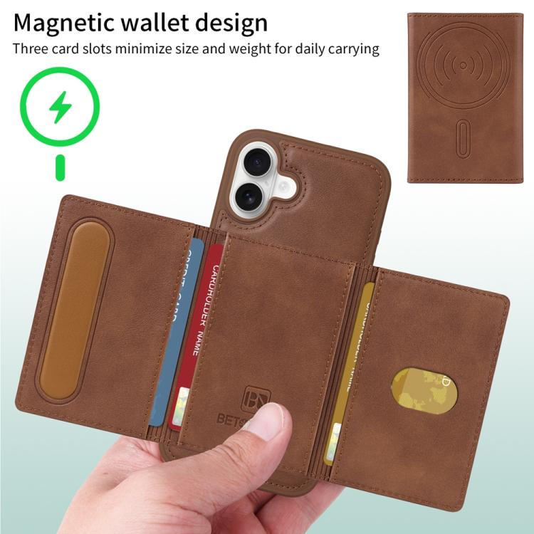 For iPhone 16 Plus BETOPNICE Horizontal Flip Detachable MagSafe Wallet Phone Case(Brown)