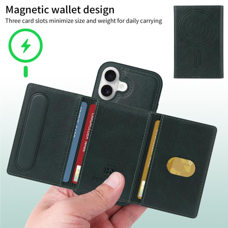 For iPhone 16 BETOPNICE Horizontal Flip Detachable MagSafe Wallet Phone Case(Green)