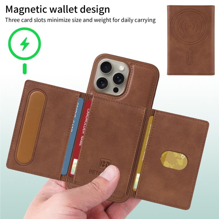 For iPhone 15 Pro Max BETOPNICE Horizontal Flip Detachable MagSafe Wallet Phone Case(Brown)