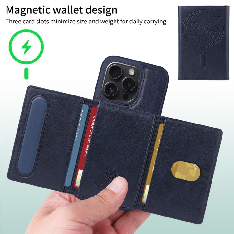 For iPhone 15 Pro BETOPNICE Horizontal Flip Detachable MagSafe Wallet Phone Case(Blue)