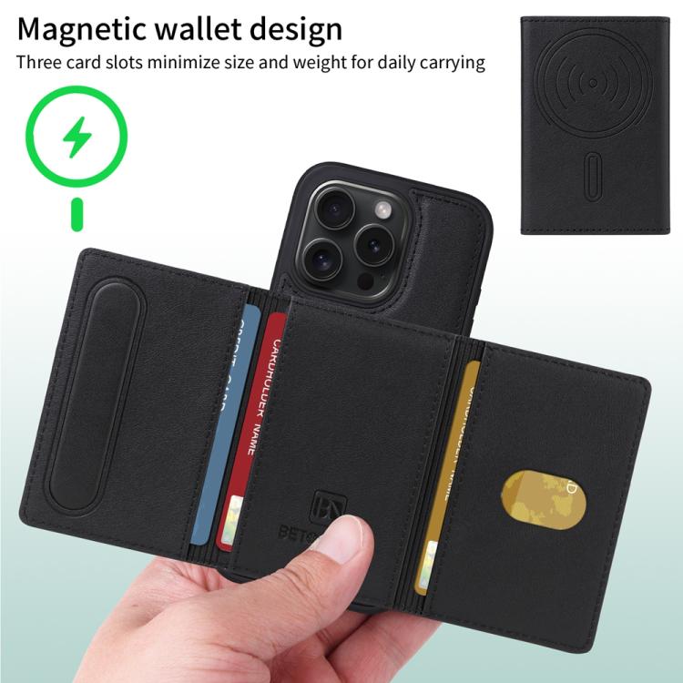 For iPhone 15 Pro BETOPNICE Horizontal Flip Detachable MagSafe Wallet Phone Case(Black)