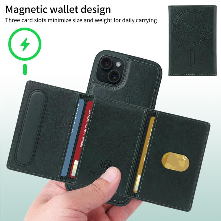 For iPhone 15 Plus BETOPNICE Horizontal Flip Detachable MagSafe Wallet Phone Case(Green)
