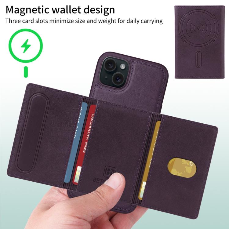 For iPhone 15 Plus BETOPNICE Horizontal Flip Detachable MagSafe Wallet Phone Case(Purple)