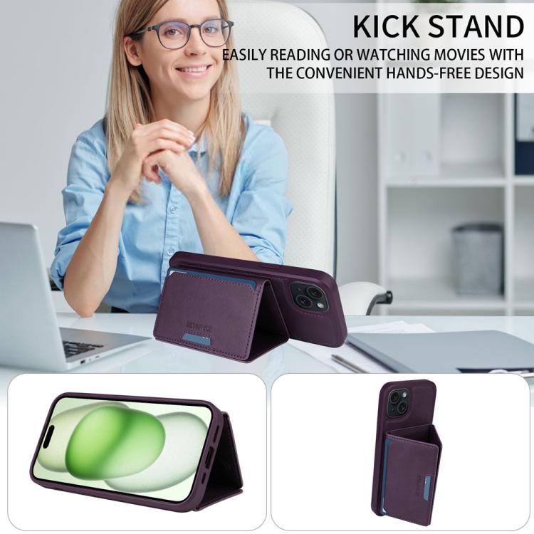 For iPhone 15 Plus BETOPNICE Horizontal Flip Detachable MagSafe Wallet Phone Case(Purple)