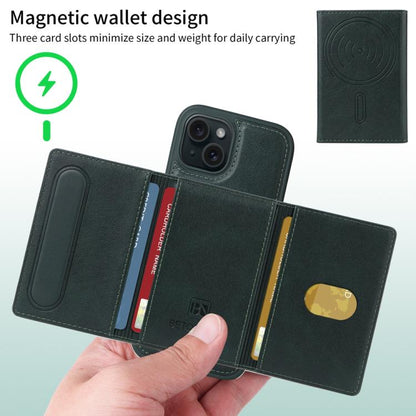 For iPhone 15 BETOPNICE Horizontal Flip Detachable MagSafe Wallet Phone Case(Green)