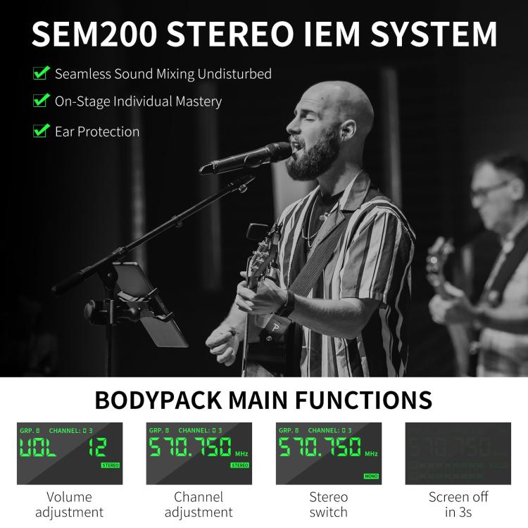 XTUGA SEM200 Wireless Stereo Stage Performance Professional In-ear Monitor System 4 BodyPacks + Transmitter
