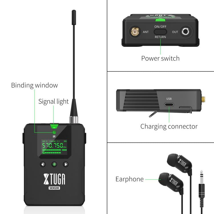 XTUGA SEM200 Wireless Stereo Stage Performance Professional In-ear Monitor System One BodyPack