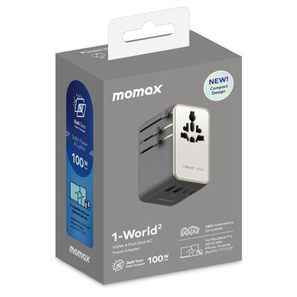 MOMAX UA23 1-World 2 4-Port Mini Universal Travel GaN Charger 100W with Dual AC(Titanium)