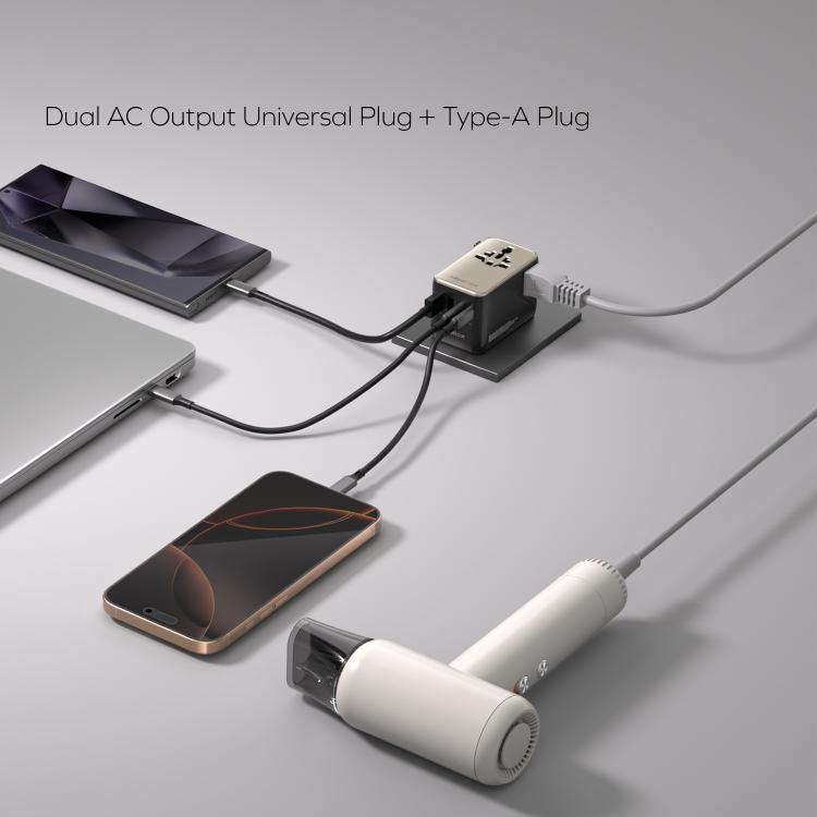 MOMAX UA23 1-World 2 4-Port Mini Universal Travel GaN Charger 100W with Dual AC(Titanium)