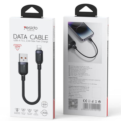 Yesido CA131L Câble de charge et de données USB vers 8 broches 12W 2.4A, longueur : 0.3m (noir)