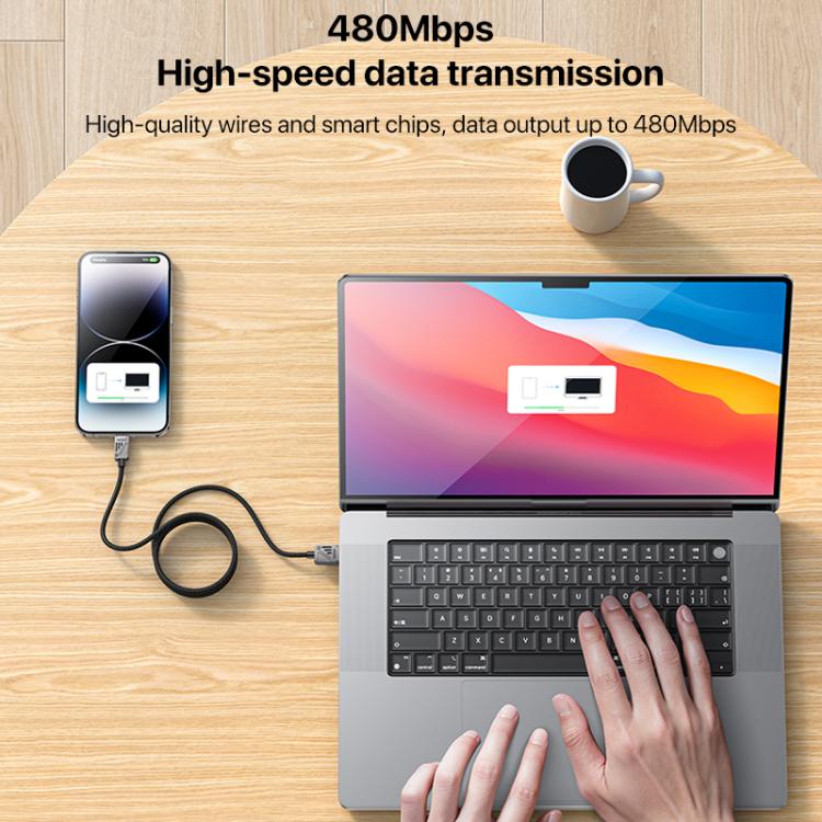 Yesido CA135L 12W 2.4A USB to 8 Pin Zinc Alloy Data Cable, Length:1.2m(Black)
