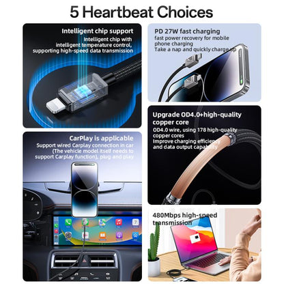 Câble de données Yesido CA195 27W 3A USB-C / Type-C vers 8 broches en alliage de zinc, longueur : 1,2 m (noir)