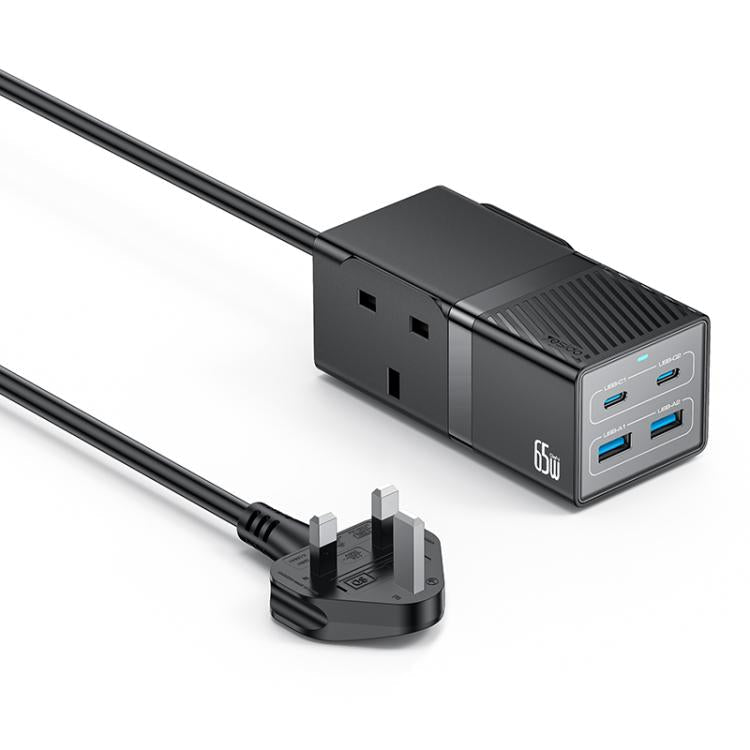 Yesido MC38 65W 6 In 1 Dual Type-C and Dual USB-A with 2 Socket GaN Fast Charging Power Socket, UK Plug(Black)