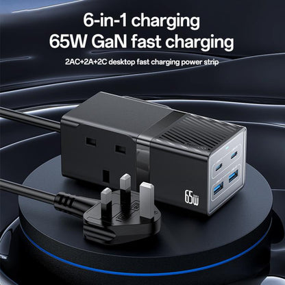 Yesido MC38 65W 6 In 1 Dual Type-C and Dual USB-A with 2 Socket GaN Fast Charging Power Socket, UK Plug(Black)