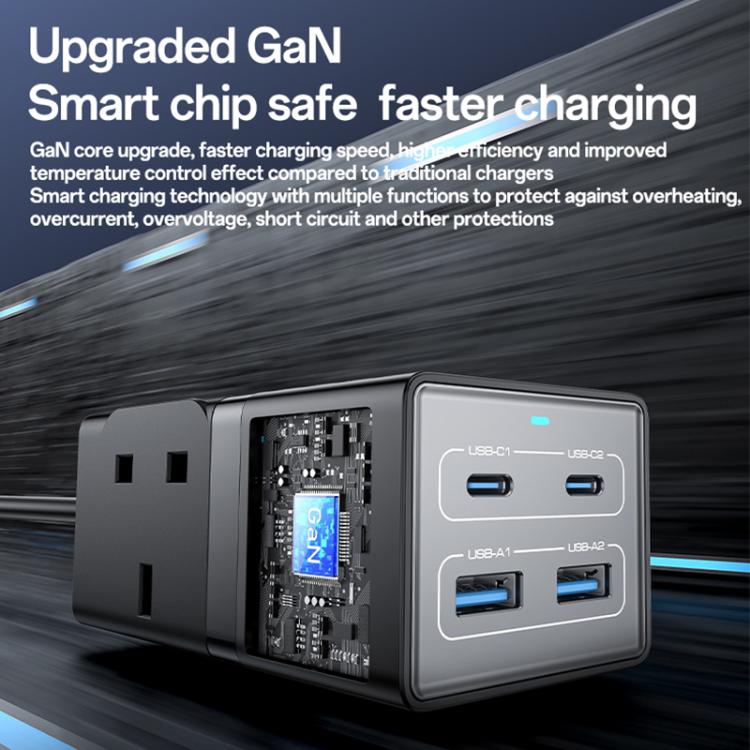 Yesido MC38 65W 6 In 1 Dual Type-C and Dual USB-A with 2 Socket GaN Fast Charging Power Socket, UK Plug(Black)