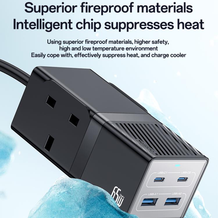 Yesido MC38 65W 6 In 1 Dual Type-C and Dual USB-A with 2 Socket GaN Fast Charging Power Socket, UK Plug(Black)
