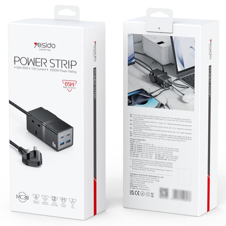 Yesido MC38 65W 6 In 1 Dual Type-C and Dual USB-A with 2 Socket GaN Fast Charging Power Socket, UK Plug(Black)