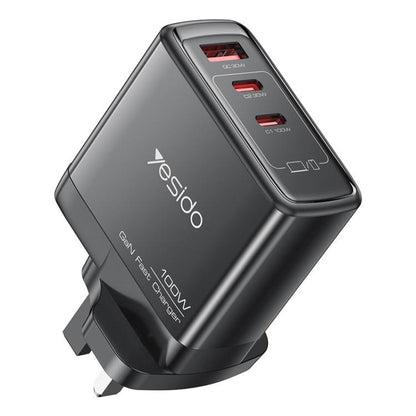 Yesido YC95 PD100W 2 USB-C , USB-A Three Ports GaN Fast Charger, Plug:UK Plug(Black)