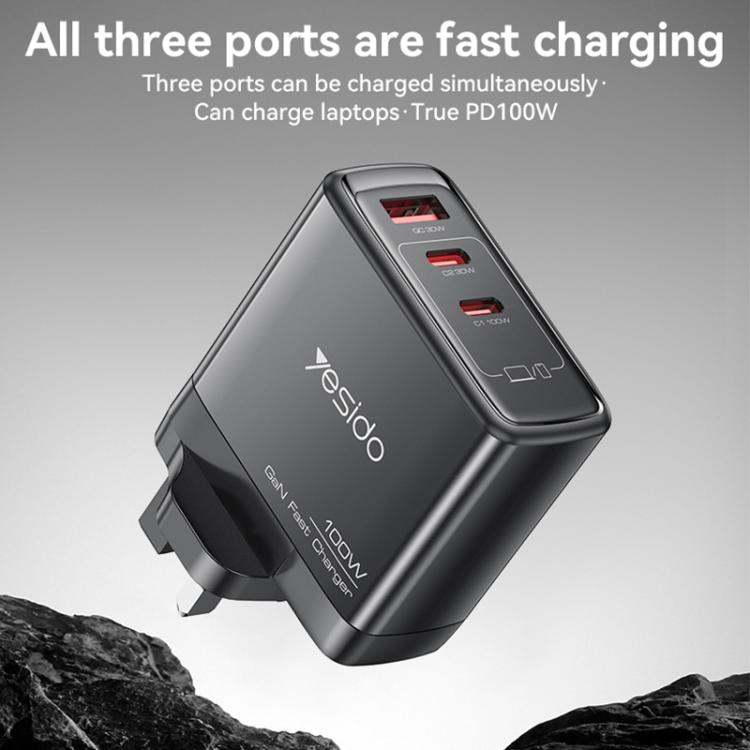 Yesido YC95 PD100W 2 USB-C , USB-A Three Ports GaN Fast Charger, Plug:UK Plug(Black)