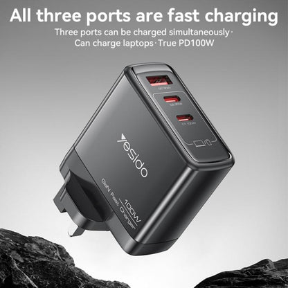 Yesido YC95 PD100W 2 USB-C , USB-A Three Ports GaN Fast Charger, Plug:UK Plug(Black)